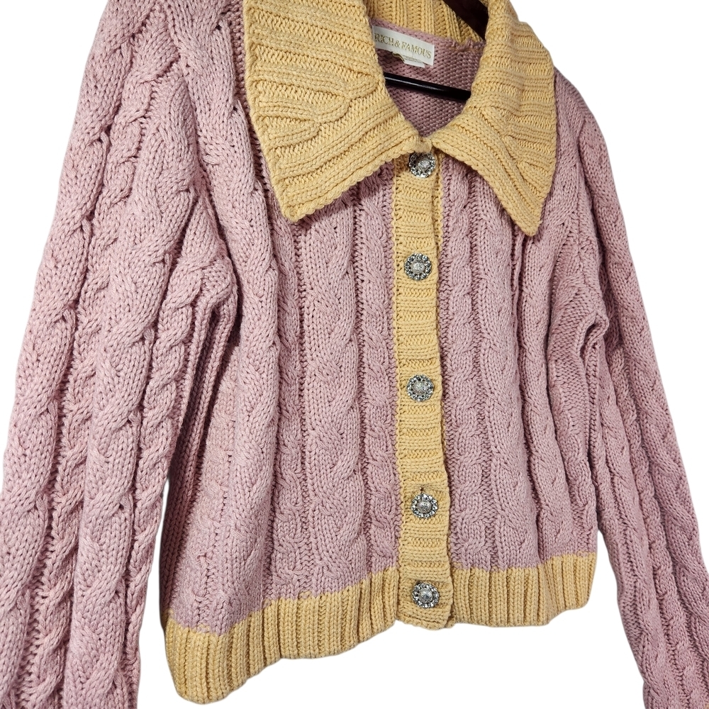 Rich & Famous NWT Sicily Crop Cardigan Sweater Grannycore Knit Collar Bling Boxy - Picture 7 of 16